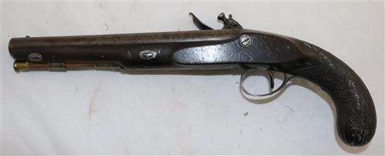 A George III flintlock holster pistol, by Bennett, c.1785, 14.5in.